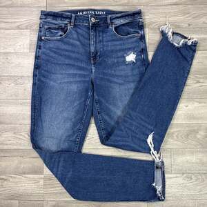 American Eagle Hi-Rise Skinny Denim Jeans Ripped Dark Wash sz 12 X-Long